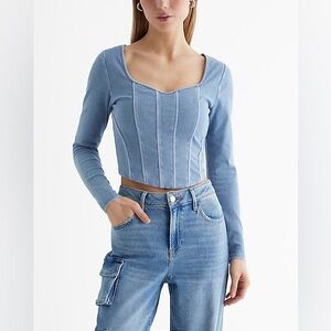 Express Body Contour White V Neck Corset Crop Long Sleeve Top Size Large